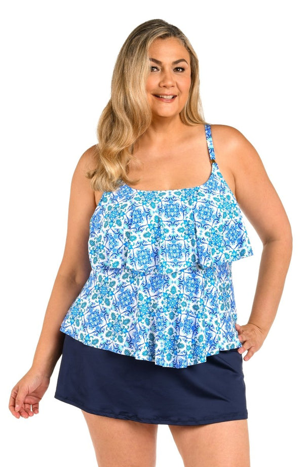 24TH & OCEAN PLUS SIZE BEACHSIDE TILE TIERED TANKINI TOP - tankini tops - 24TH & OCEAN