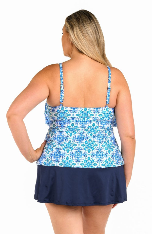 24TH & OCEAN PLUS SIZE BEACHSIDE TILE TIERED TANKINI TOP - tankini tops - 24TH & OCEAN