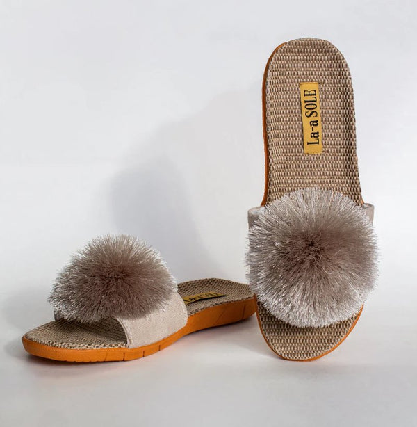 LADIES FASHION NOVELTY POM POM SLIDE SANDALS - sandals - La - a Sole