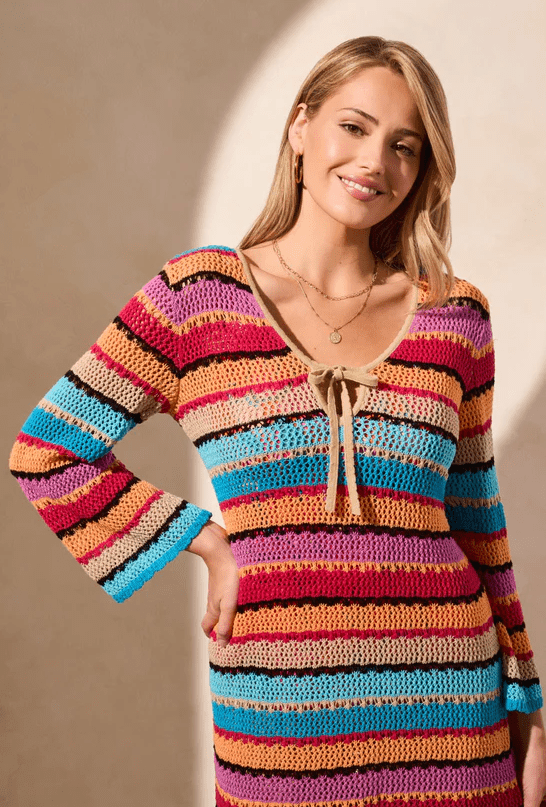 TRIBAL 3/4 SLEEVE CROCHET COVER DRESS - coverups - TRIBAL